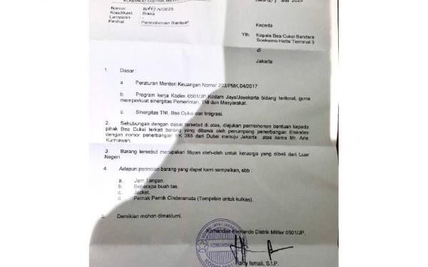 Daftar Barang Bawaan Penumpang dalam Permintaan Bantuan Dandim Jakpus ke Bea Cukai